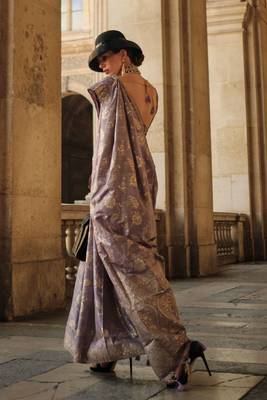 lavender gota zari weaving silk blend woven work saree with blouse 4