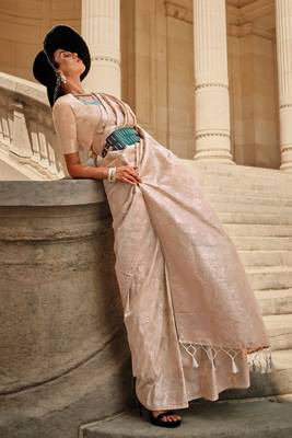 cream gota zari weaving silk blend woven work saree with blouse 1