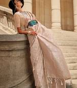 Cream Gota Zari Weaving Silk Woven Work Saree With Blouse