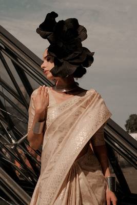 cream gota zari weaving silk blend woven work saree with blouse 2