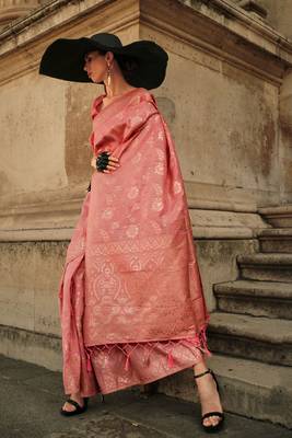 Coral Gota Zari Weaving Silk Woven Work Saree With Blouse 1