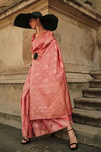 Coral Gota Zari Weaving Silk Woven Work Saree With Blouse