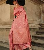 Coral Gota Zari Weaving Silk Woven Work Saree With Blouse