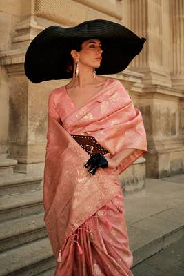 Coral Gota Zari Weaving Silk Woven Work Saree With Blouse 2