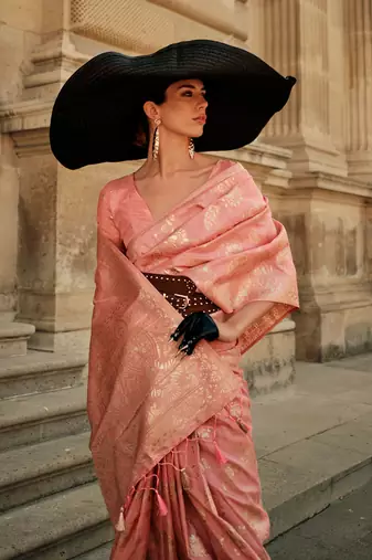 Coral Gota Zari Weaving Silk Woven Work Saree With Blouse