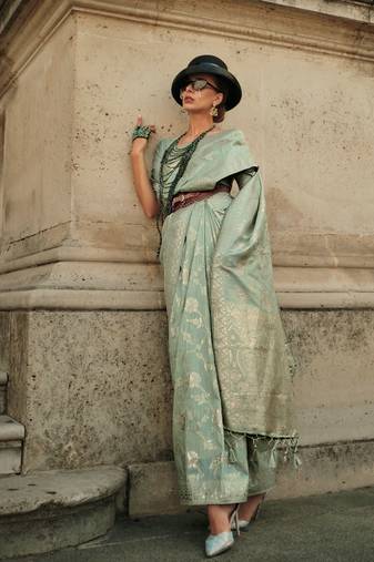 Sea Green Gota Zari Weaving Silk Woven Work Saree With Blouse