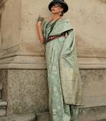 Sea Green Gota Zari Weaving Silk Woven Work Saree With Blouse