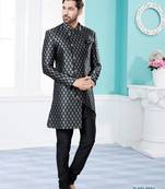 black Havy Banarasi Jackard  indo-western sherwani