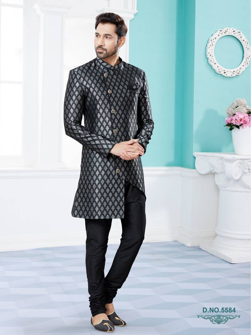 black Havy Banarasi Jackard  indo-western sherwani