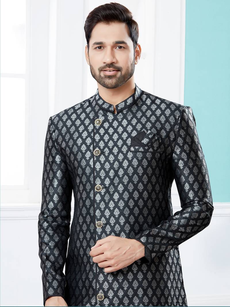 black Havy Banarasi Jackard  indo-western sherwani