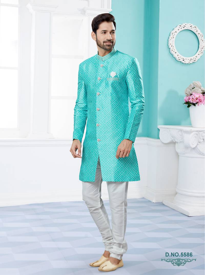 off_white Jackard Digital printed With Thred work indo-western sherwani