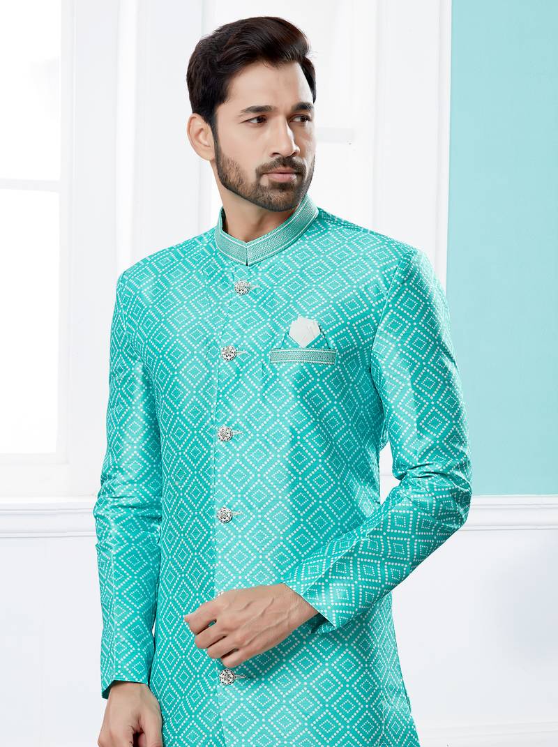 off_white Jackard Digital printed With Thred work indo-western sherwani