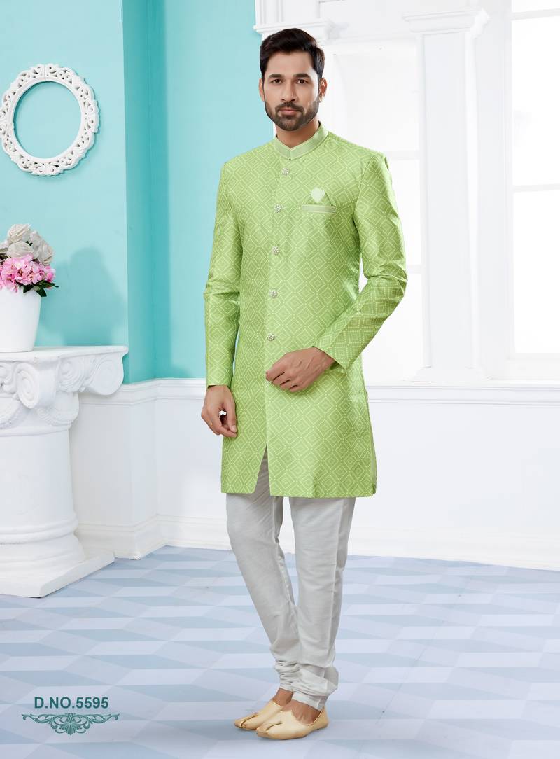 off_white Jackard Digital printed With Thred work indo-western sherwani