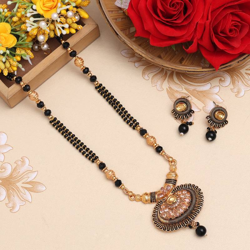 Gold color long mangalsutra with earrings