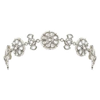 Silver Plated Traditional Floral Kundan Pearl Sheeshphool Matha Patti Sheeshpatti For Women/Girls  1