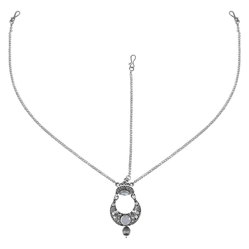 Silver Oxidised Mirror Work Mathapatti for Women and Girls 