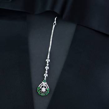Elegant Silver Plated Beautiful AD & CZ Studded Crystal Maang Tikka for Women and Girls  1