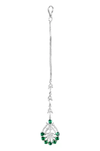 Elegant Silver Plated Beautiful AD & CZ Studded Crystal Maang Tikka for Women and Girls 
