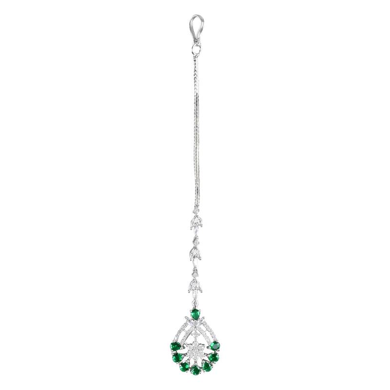 Elegant Silver Plated Beautiful AD & CZ Studded Crystal Maang Tikka for Women and Girls 