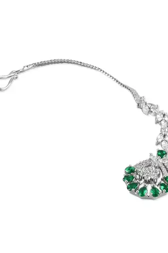 Elegant Silver Plated Beautiful AD & CZ Studded Crystal Maang Tikka for Women and Girls 