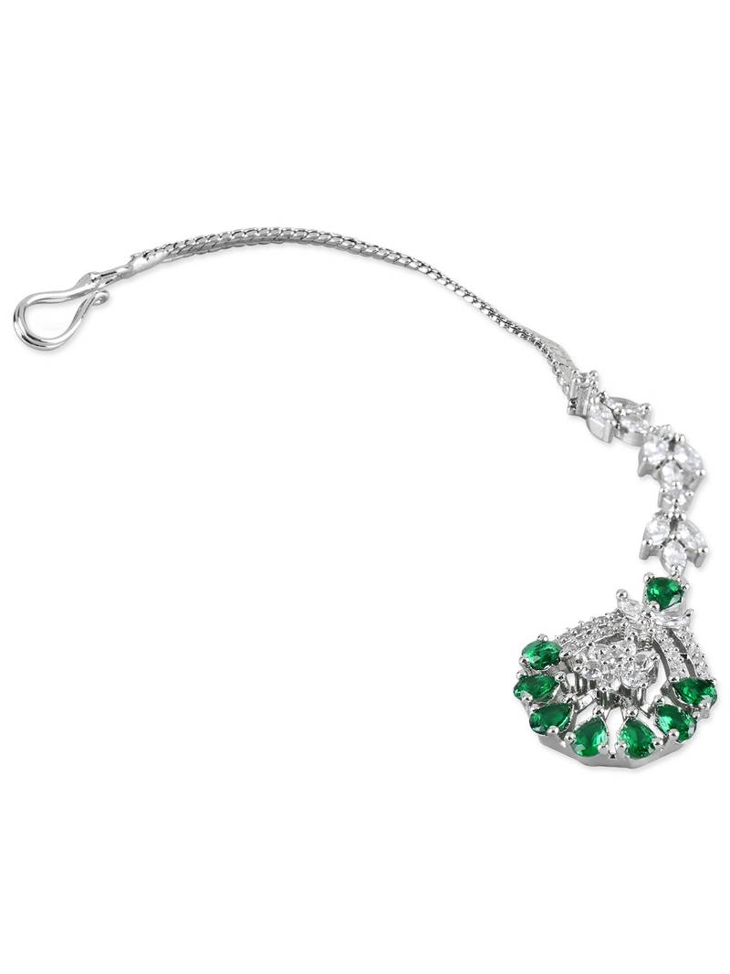 Elegant Silver Plated Beautiful AD & CZ Studded Crystal Maang Tikka for Women and Girls 