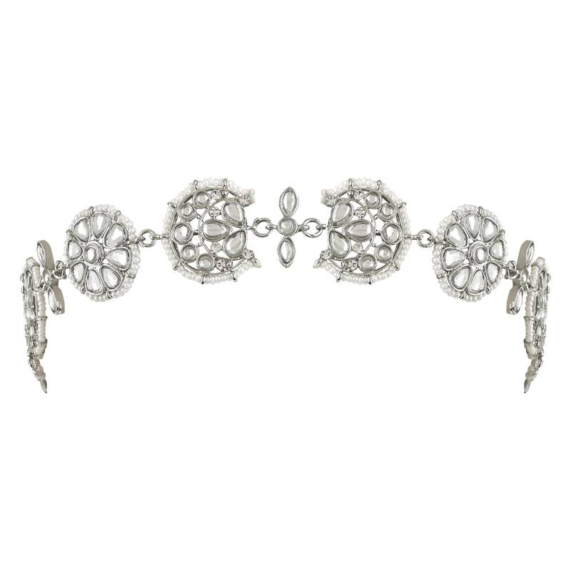 Silver Plated Traditional Floral Kundan Pearl Sheeshphool Matha Patti Sheeshpatti For Women/Girls 