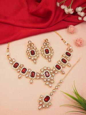 Traditional Kundan & Stone Choker Necklace Jewellery with Earrings & Maang Tikka Set 1