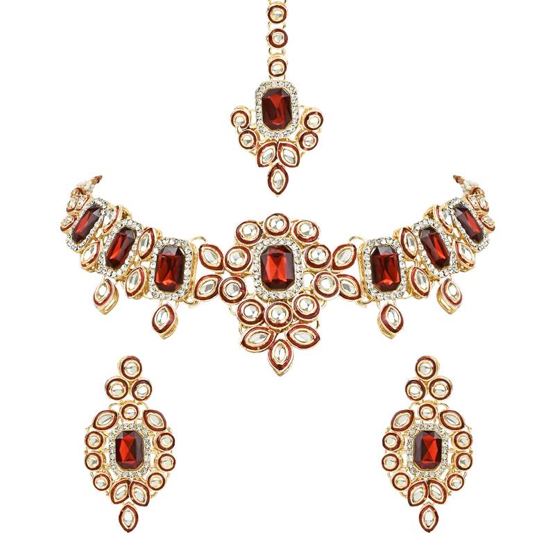 Traditional Kundan & Stone Choker Necklace Jewellery with Earrings & Maang Tikka Set
