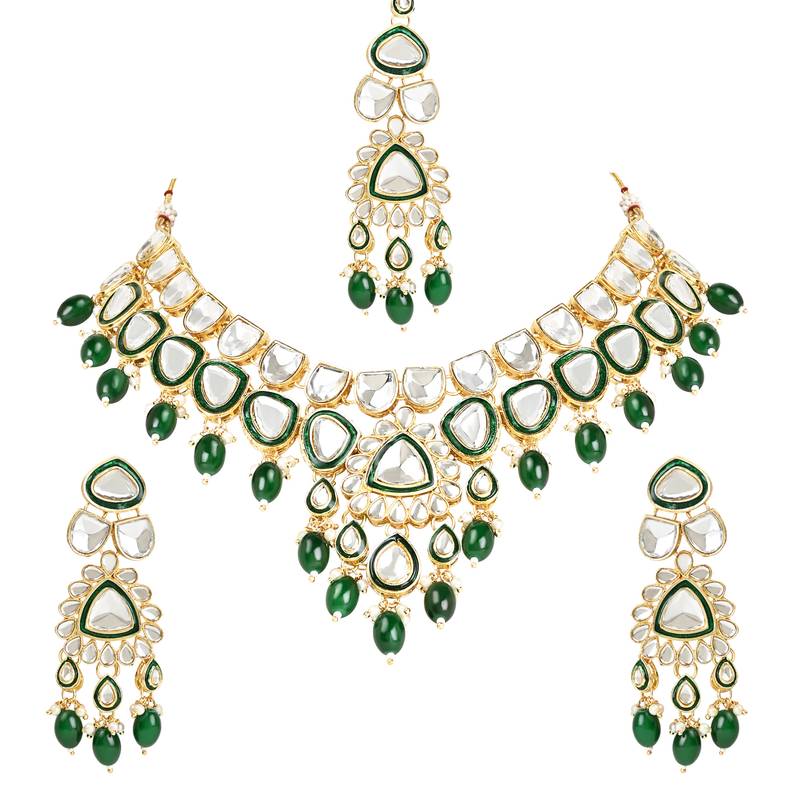 Traditional Pearl Kundan Necklace Jewellery Set With Earring Maang Tikka Set