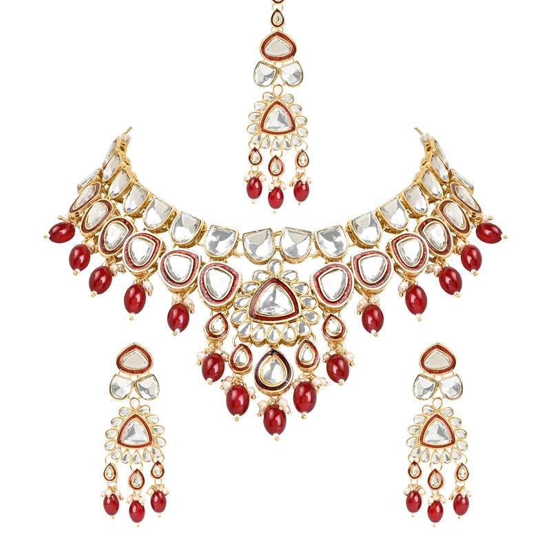 Traditional Pearl Kundan Necklace Jewellery Set With Earring Maang Tikka Set