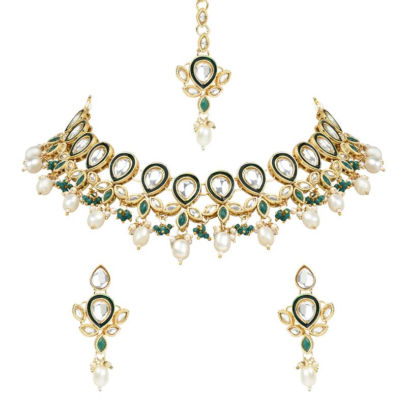 Traditional Pearl Kundan Floral Necklace With Earring Maang Tikka Set