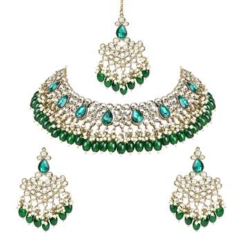 Traditional Kundan Pearl Hanging Choker Necklace Jewellery Set With Earrings & Maang Tikka 2