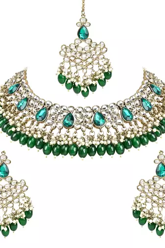 Traditional Kundan Pearl Hanging Choker Necklace Jewellery Set With Earrings & Maang Tikka