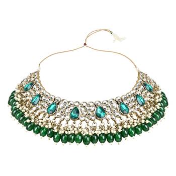 Traditional Kundan Pearl Hanging Choker Necklace Jewellery Set With Earrings & Maang Tikka 3