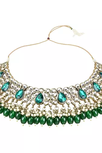 Traditional Kundan Pearl Hanging Choker Necklace Jewellery Set With Earrings & Maang Tikka