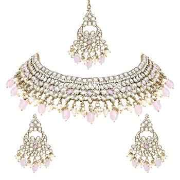 Traditional Kundan Pearl Hanging Choker Necklace Jewellery Set With Earrings & Maang Tikka 2