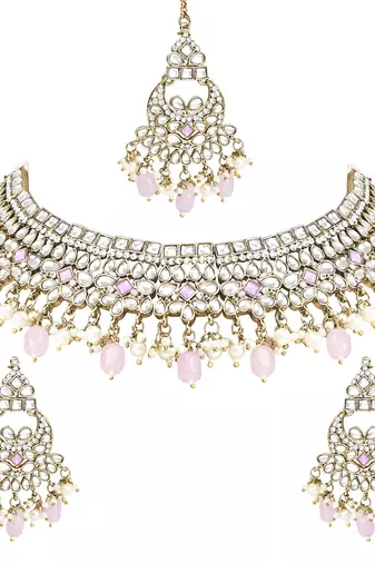 Traditional Kundan Pearl Hanging Choker Necklace Jewellery Set With Earrings & Maang Tikka