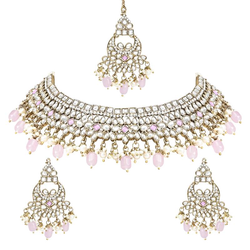 Traditional Kundan Pearl Hanging Choker Necklace Jewellery Set With Earrings & Maang Tikka