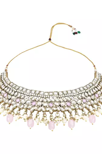 Traditional Kundan Pearl Hanging Choker Necklace Jewellery Set With Earrings & Maang Tikka