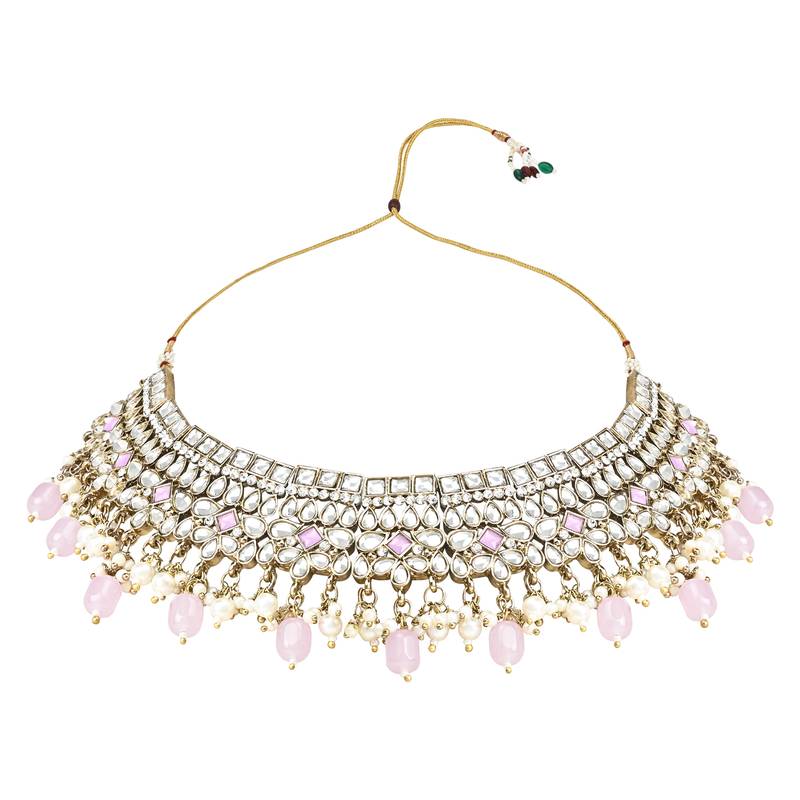 Traditional Kundan Pearl Hanging Choker Necklace Jewellery Set With Earrings & Maang Tikka