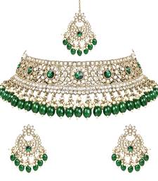 Traditional Kundan Pearl Hanging Choker Necklace Jewellery Set With Earrings & Maang Tikka