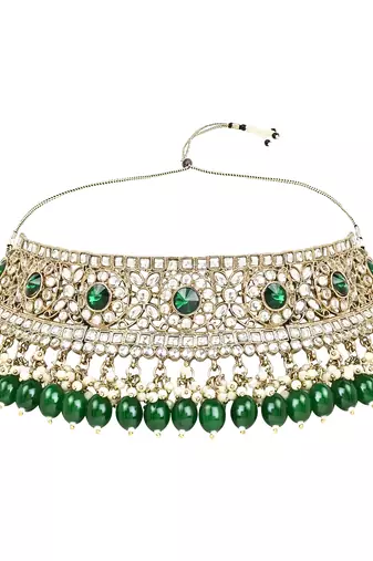 Traditional Kundan Pearl Hanging Choker Necklace Jewellery Set With Earrings & Maang Tikka