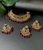 Traditional Kundan Pearl Hanging Choker Necklace Jewellery Set With Earrings & Maang Tikka