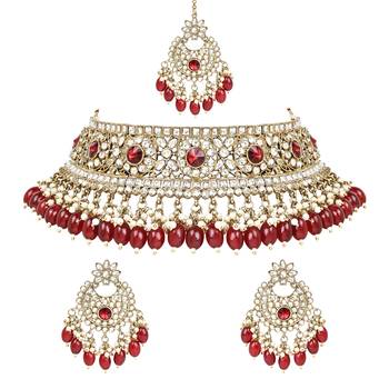 Traditional Kundan Pearl Hanging Choker Necklace Jewellery Set With Earrings & Maang Tikka 2