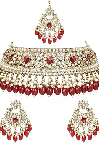 Traditional Kundan Pearl Hanging Choker Necklace Jewellery Set With Earrings & Maang Tikka