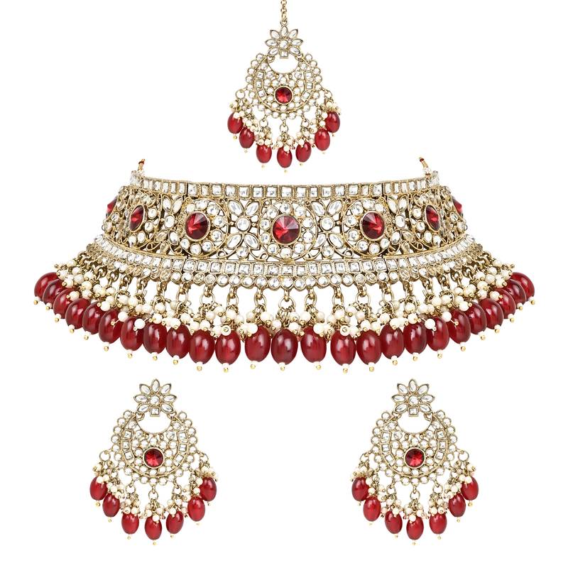 Traditional Kundan Pearl Hanging Choker Necklace Jewellery Set With Earrings & Maang Tikka