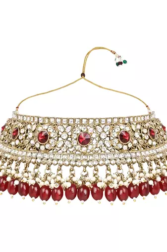 Traditional Kundan Pearl Hanging Choker Necklace Jewellery Set With Earrings & Maang Tikka