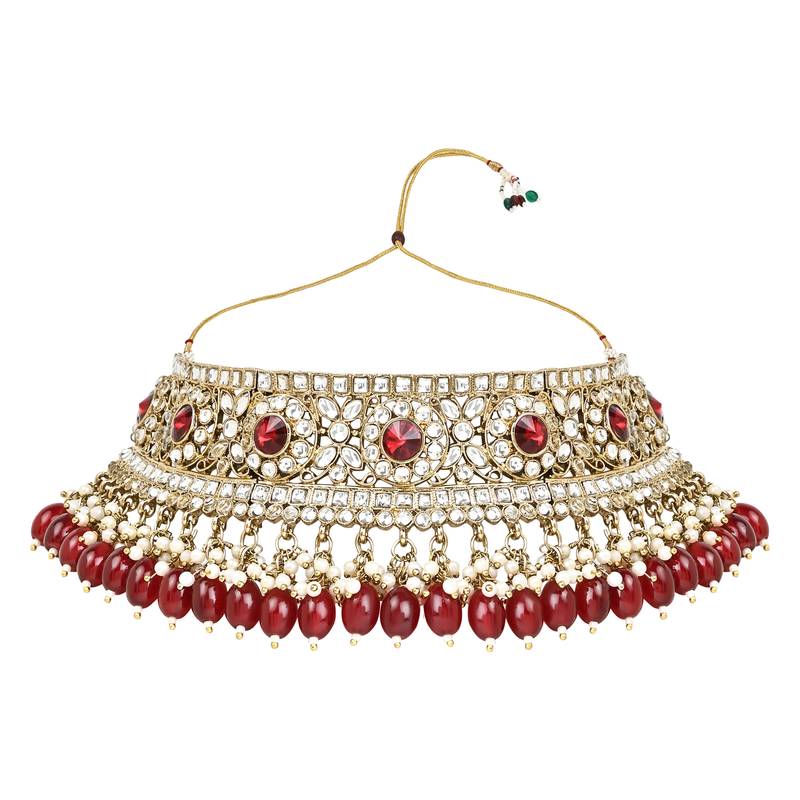 Traditional Kundan Pearl Hanging Choker Necklace Jewellery Set With Earrings & Maang Tikka
