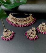 Traditional Kundan Pearl Hanging Choker Necklace Jewellery Set With Earrings & Maang Tikka