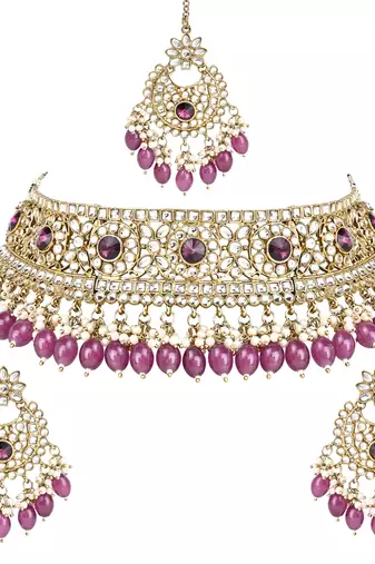 Traditional Kundan Pearl Hanging Choker Necklace Jewellery Set With Earrings & Maang Tikka